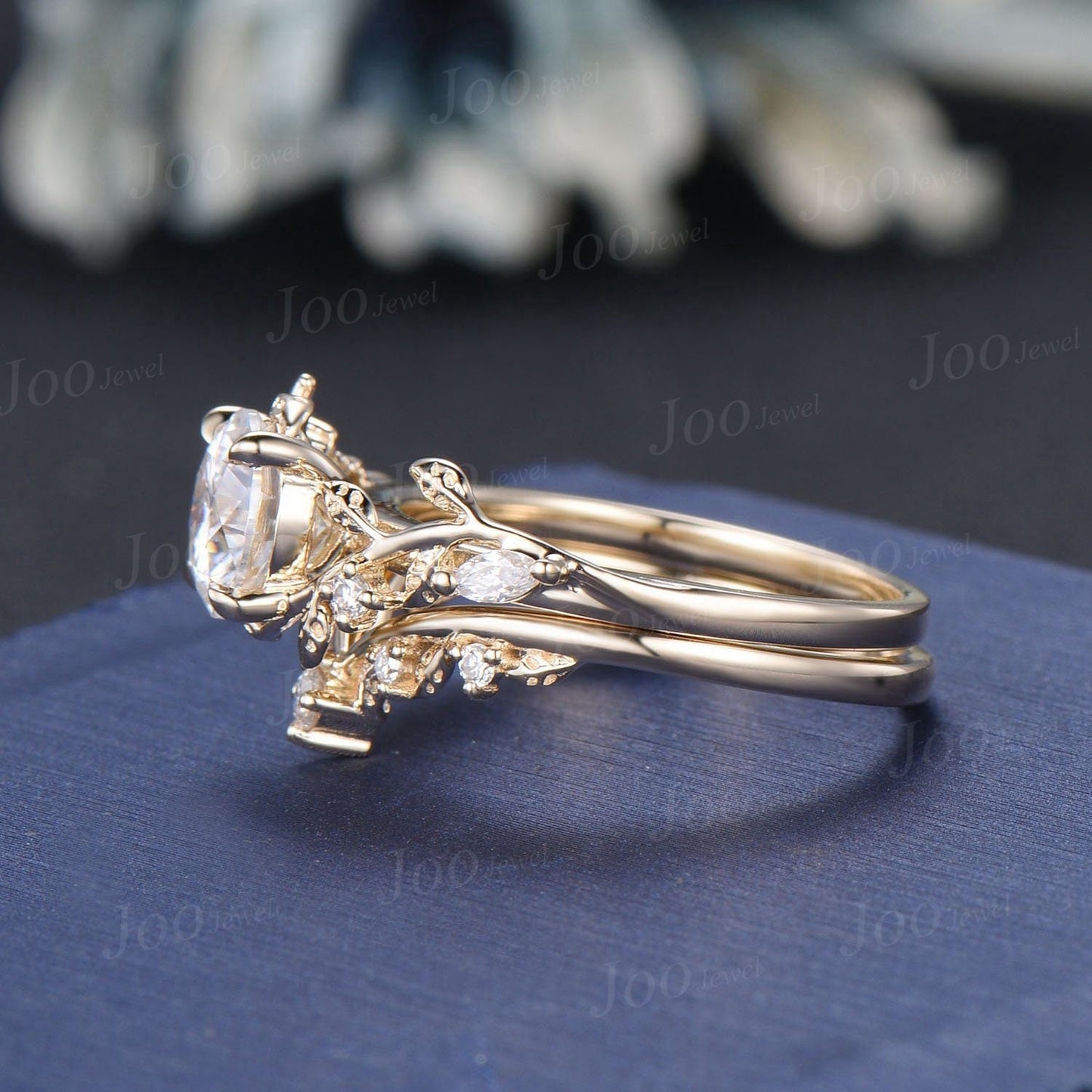 1ct Round Cut Moissanite Engagement Ring 14K Real Gold Nature Inspired Diamond Engagement Ring Leaf Wedding Bridal Set Unique Proposal Gifts