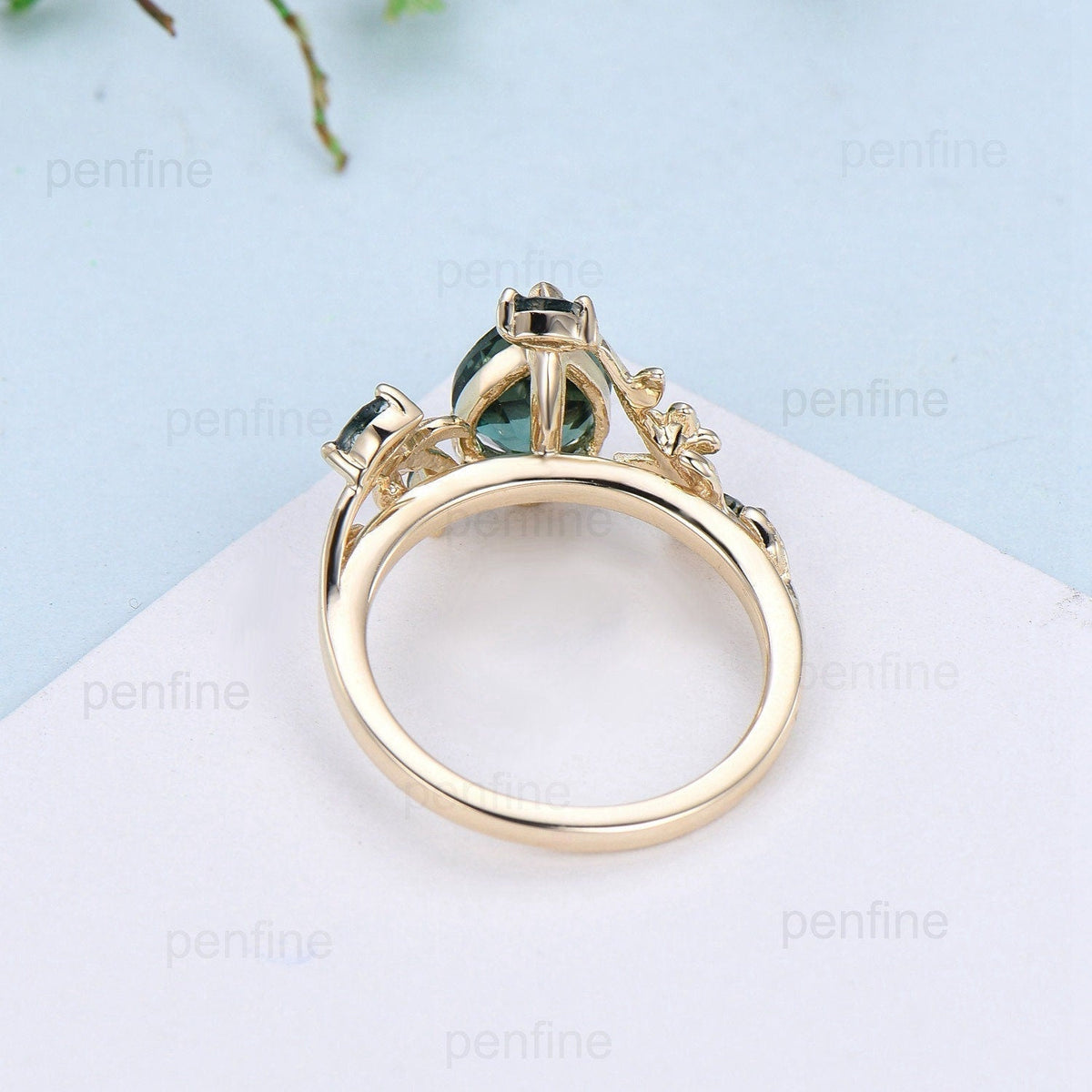 Elegant Pear lab Para¨ªba Engagement Ring Nature Inspired Floral Ring Green Agate Wedding Ring Emerald Branch Leaf Vine Anniversary Ring Gift