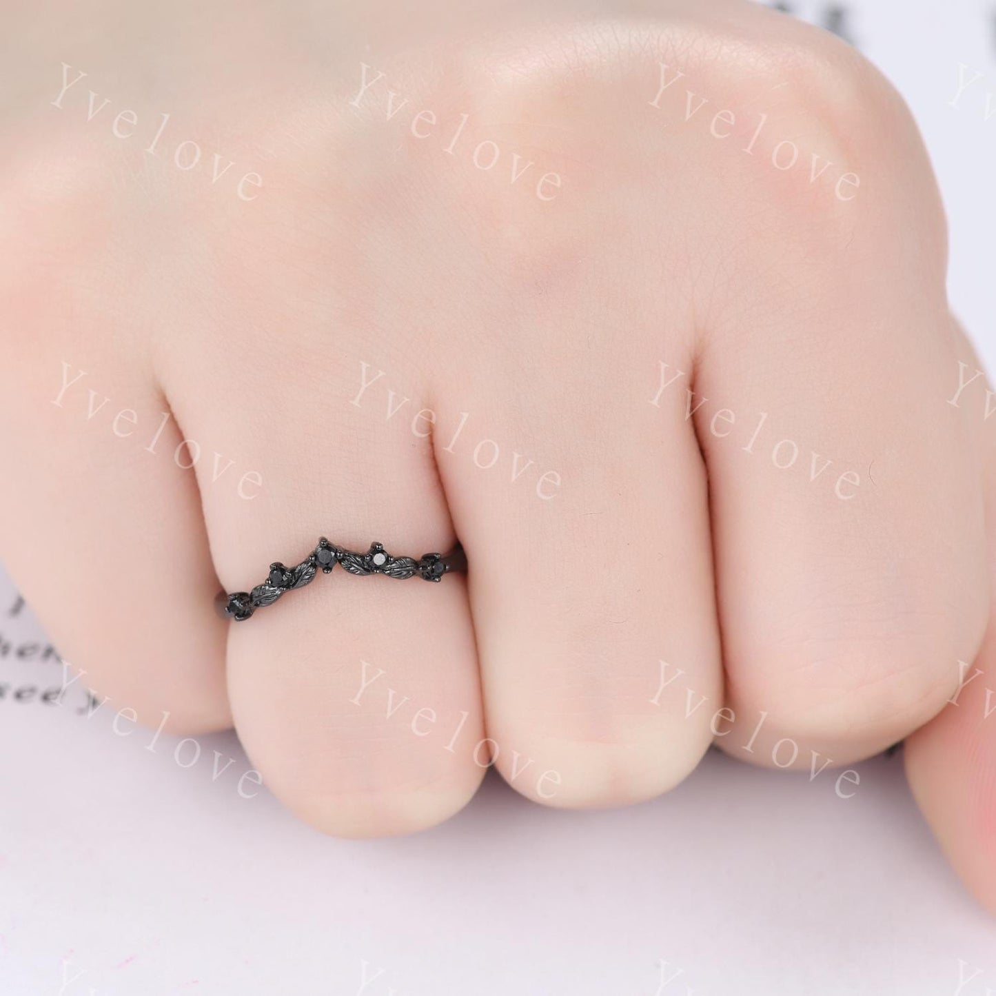 Retro Black Spinel Engagement Ring,Twig Leaf Matching Band,Women Vine Band,Gothic V Curved Branch Wedding Band,Black Gold Wedding Band Gift