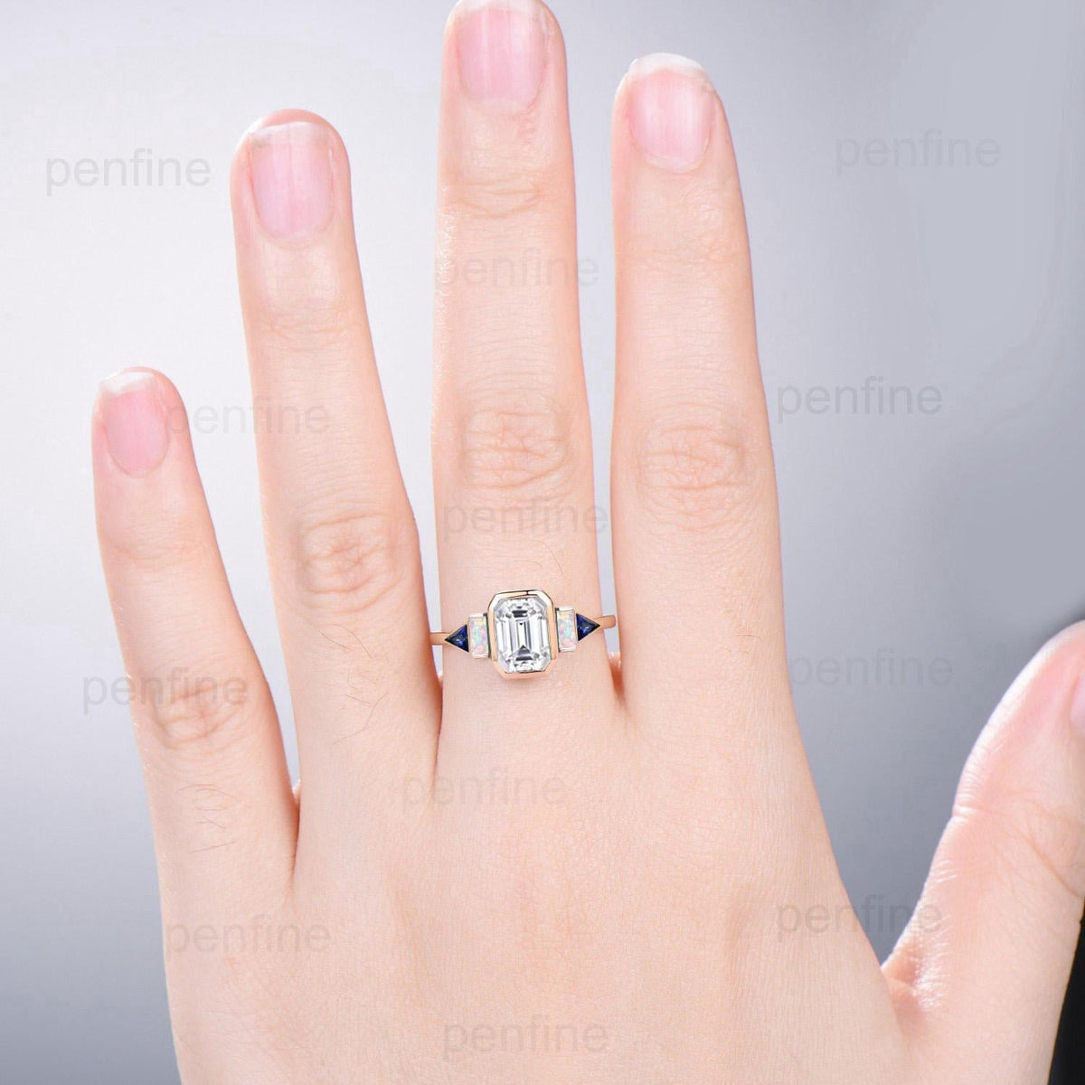Unique Bezel Set Emerald Cut Moissanite Engagement Ring Retro Baguette Opal Trillion Blue Sapphire Wedding Ring Vintage Anniversary Ring