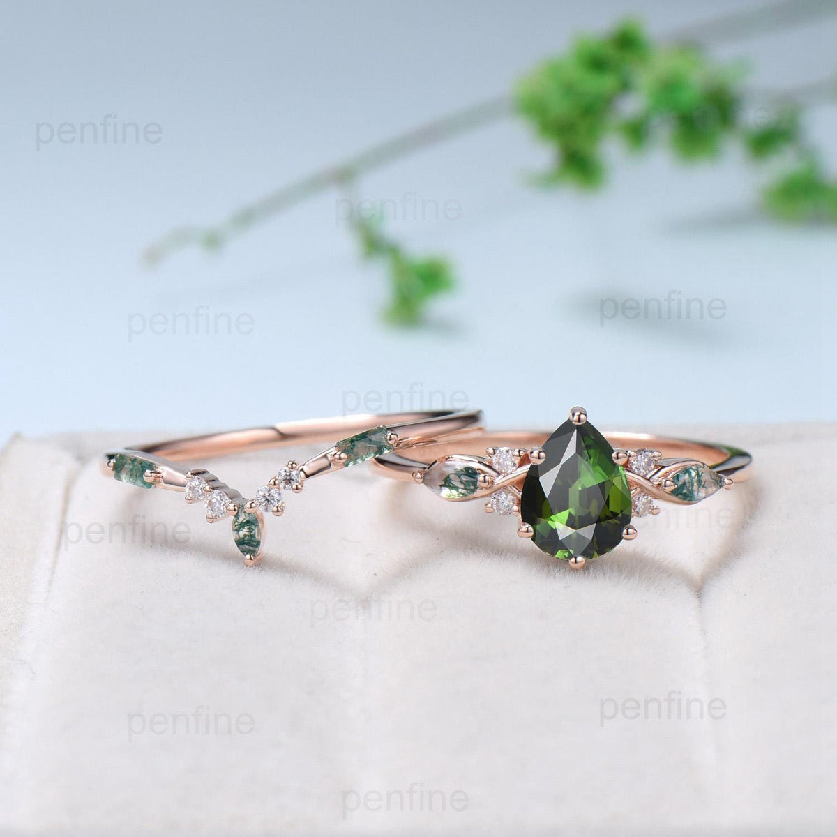 Vintage Pear Shaped Natural Green Tourmaline Engagement Ring Set Elegant 14k Rose Gold Moss Marquise Agate Wedding Ring Set Ring for Women