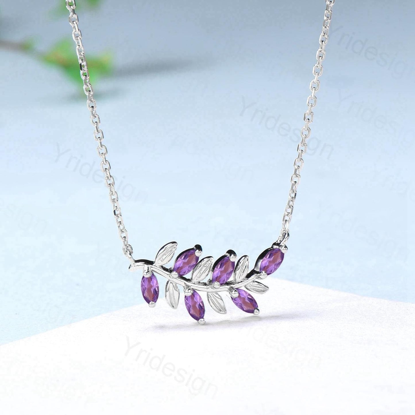 Nature Inspired Amethyst Necklace Unique Marquise Purple Crystal Leaves Pendant Necklace Branch Guard Pendant Elegant Anniversary gift women