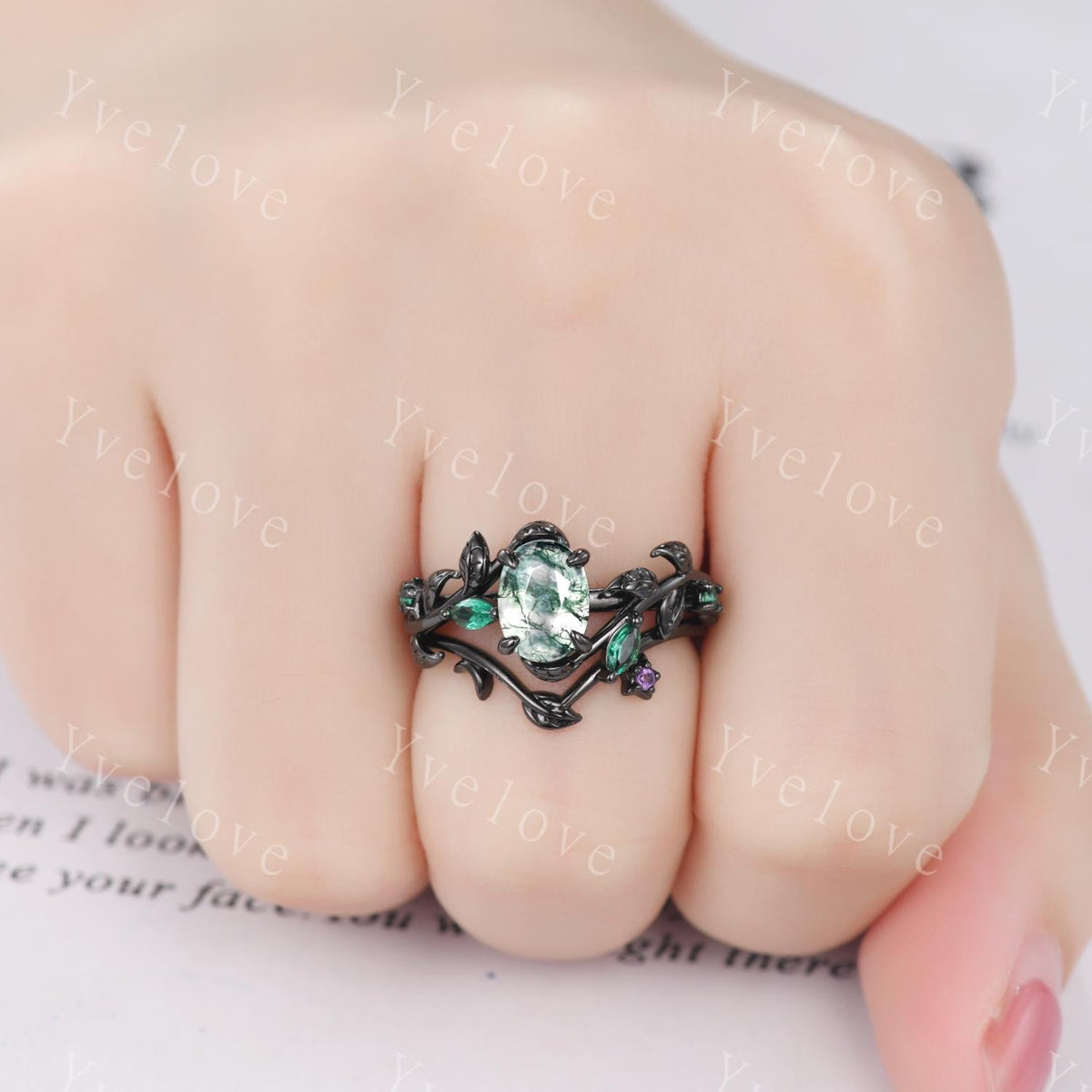 Gothic Oval Cut Moss Agate Engagement Ring,14K Black Gold Leaf Green Emerald Promise Ring Unique Black Rhodium Ring Cluster Bridal Ring Gift