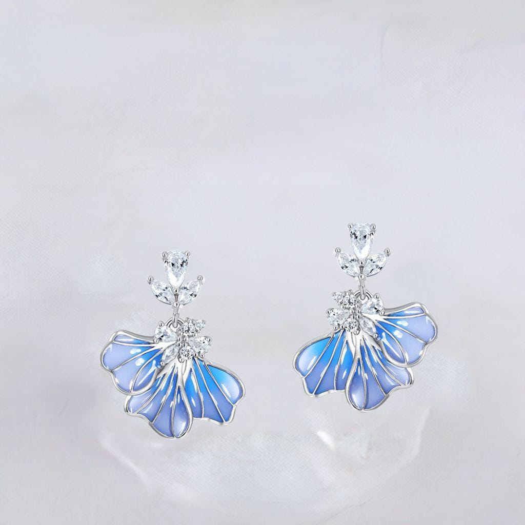 Dainty fire blue iris earrings unique enamel stud earrings silver white gold art deco pendant necklace Handmade Proposal Gift