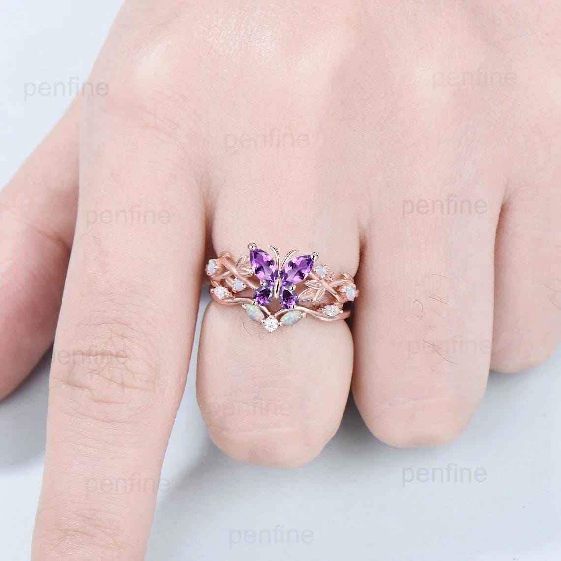 Nature inspired amethyst engagement ring set Twig leaf vine butterfly wedding set rose gold opal moissanite stacking bridal ring set women
