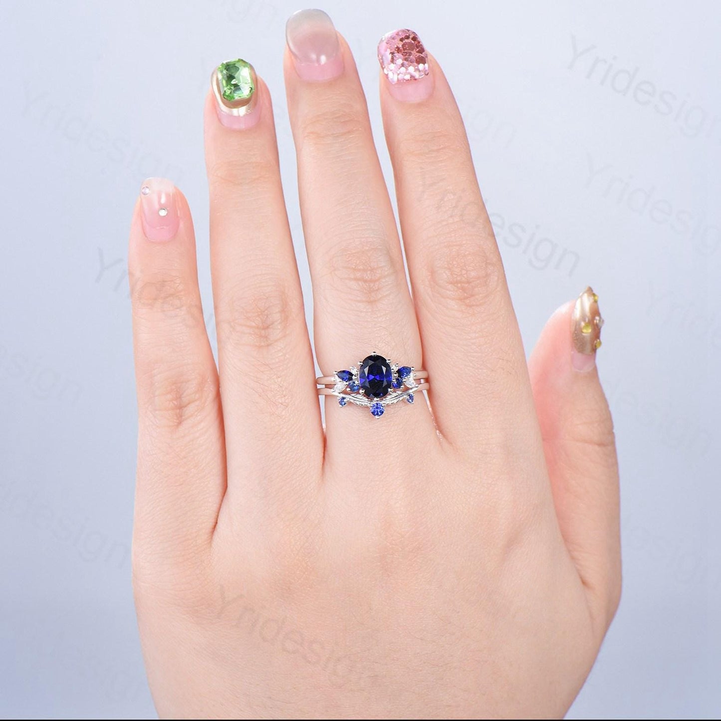 Vintage Sapphire Engagement Ring Set, 10K 14K 18K Solid White Gold Blue Sapphire Wedding Set, Leaf Stacking Band Bridal Promise Rings Set