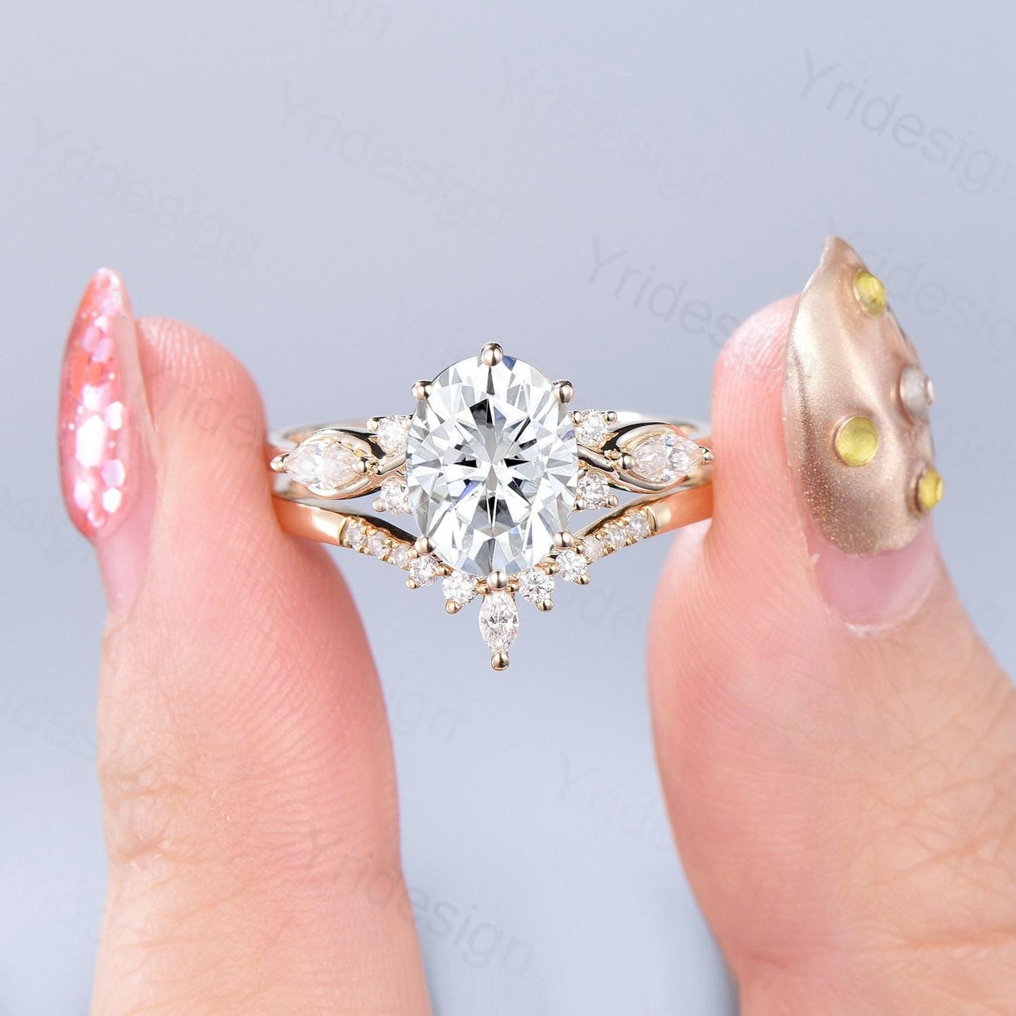 2 Carat oval cut Moissanite Engagement Ring Set, Solid 14K yellow gold VS-D flawless moissanite ring women, Vintage seven stone bridal set