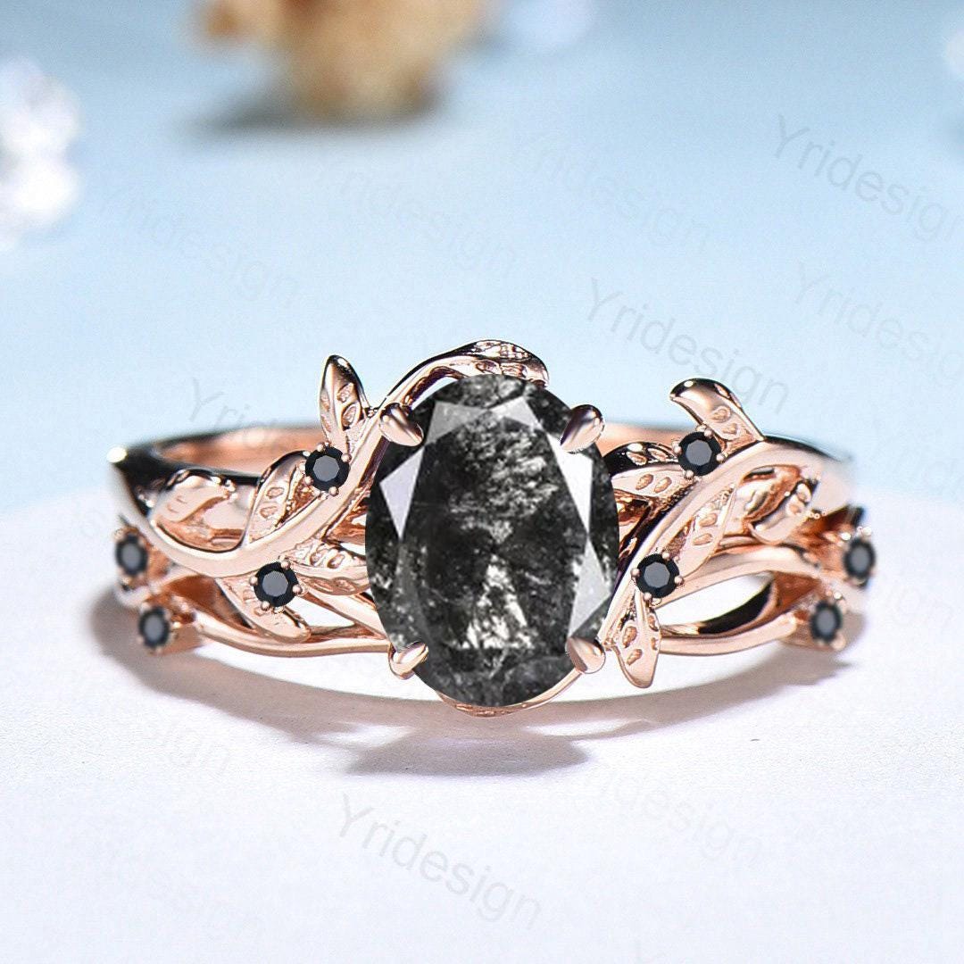 Unique salt and pepper diamond engagement ring set Nature Inspired black spinel wedding ring vintage leaf vine bridal ring set for women