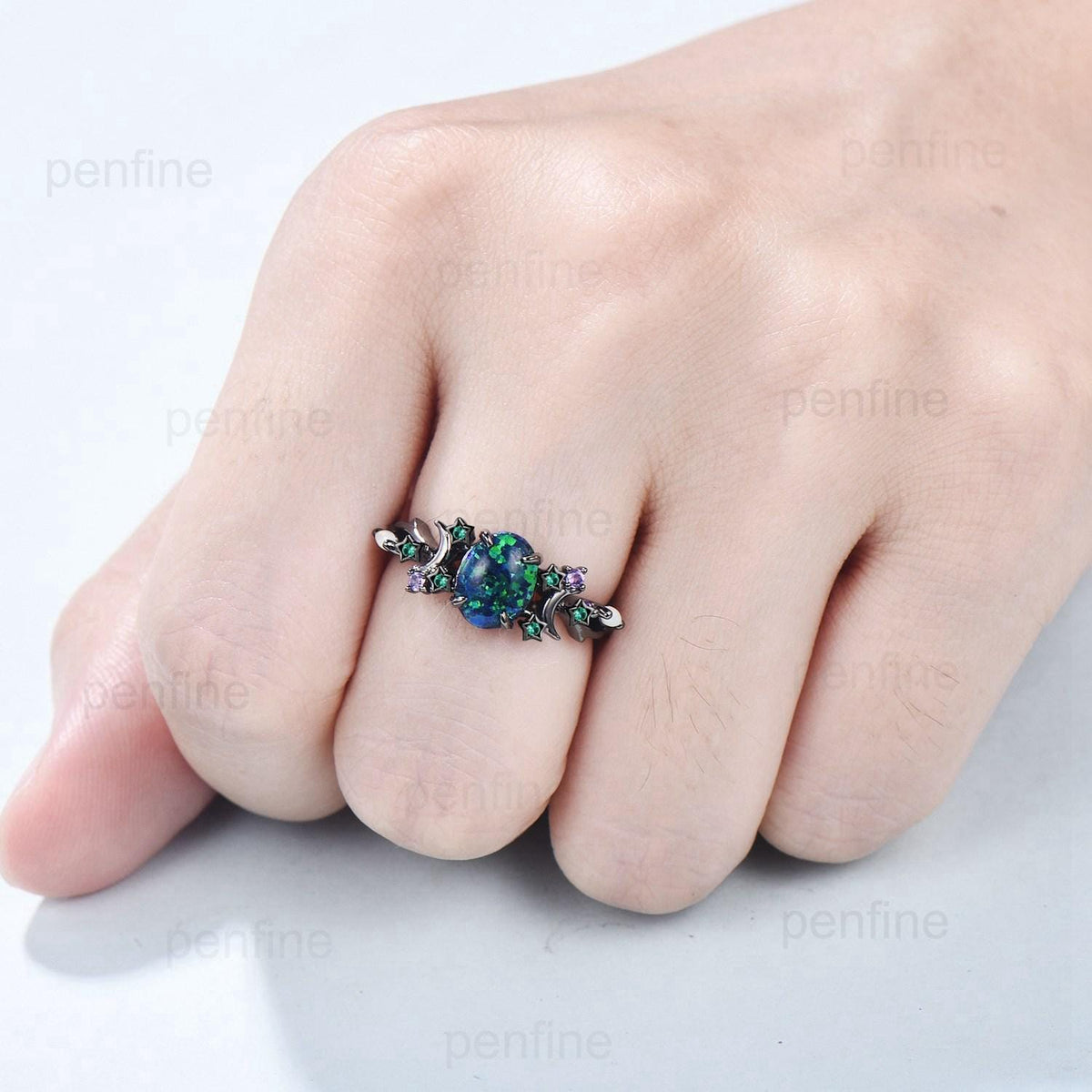Unique Moon Star Black Gold Opal Engagement Ring Magic Fire Opal Galaxy Emerald Wedding Ring Cluster Amethyst Anniversary Ring Gift Women
