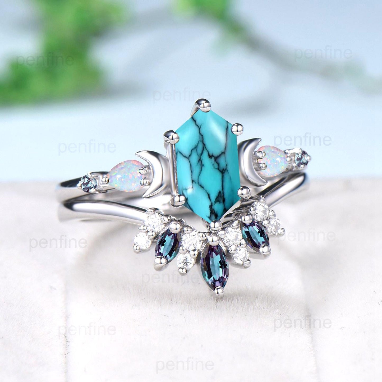Vintage long hexagon turquoise engagement ring set unique five stone pear White opal art deco alexandrite wedding ring set anniversary gift