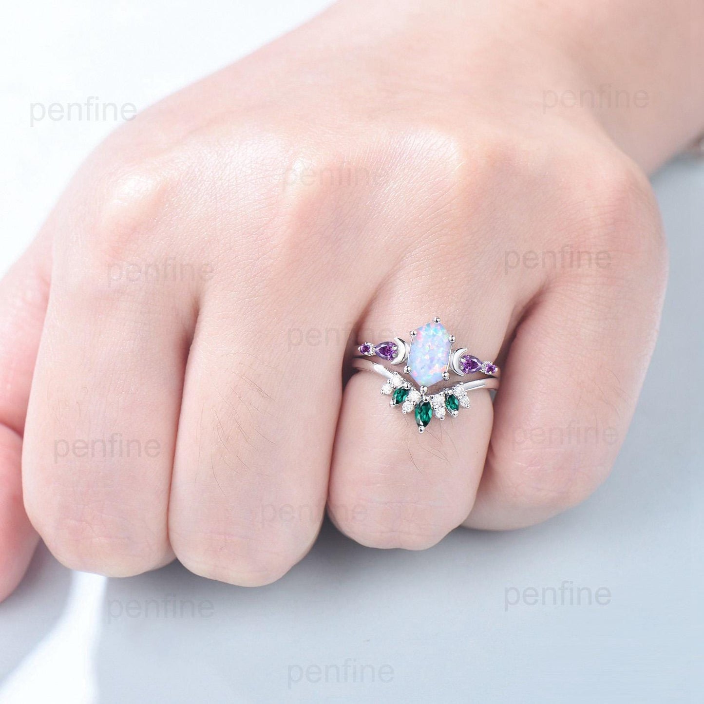 Vintage long hexagon opal engagement ring set rose gold five stone opal amethyst wedding ring set Art Deco curved v emerald band bridal set