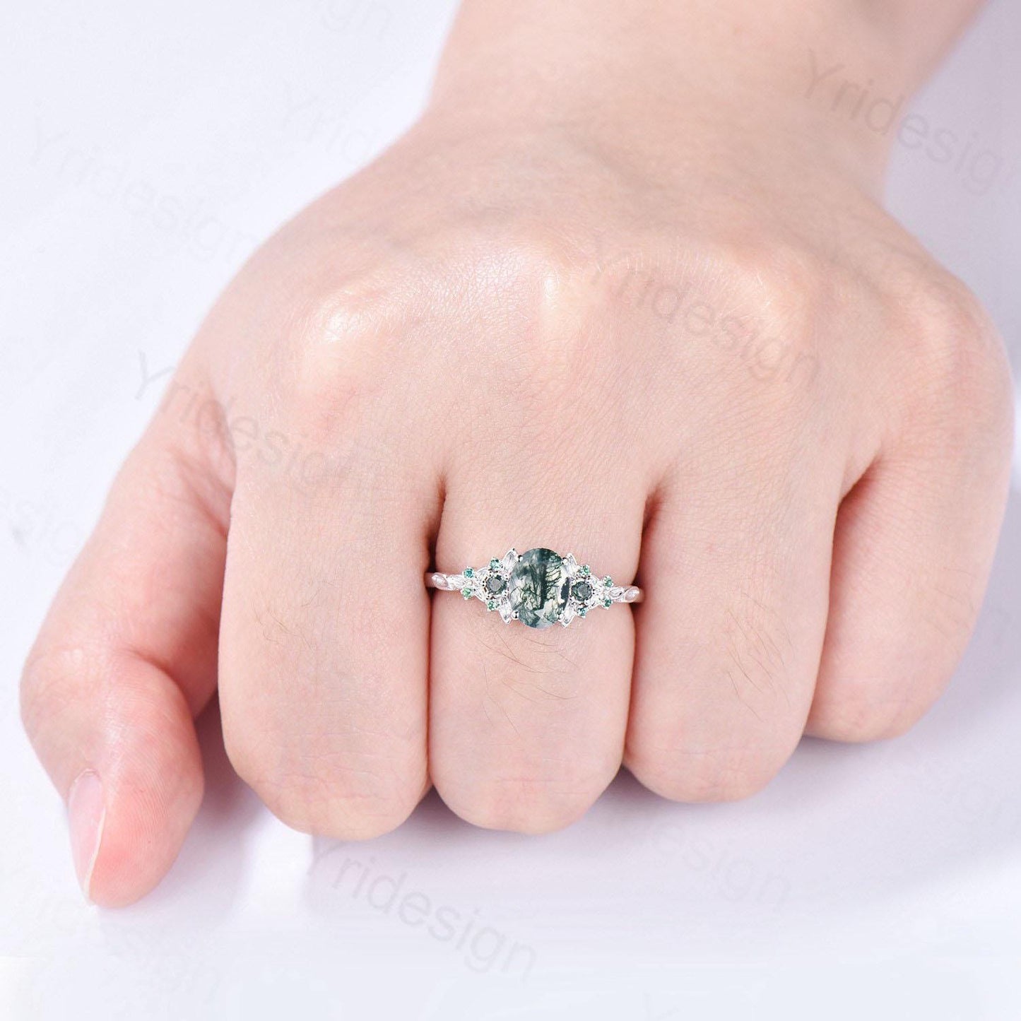 1.5CT Oval Moss Agate Engagement Ring Unique Leaf Green Agate Cluster Emerald Wedding Ring White Gold Bridal Promise Ring Anniversary Gift