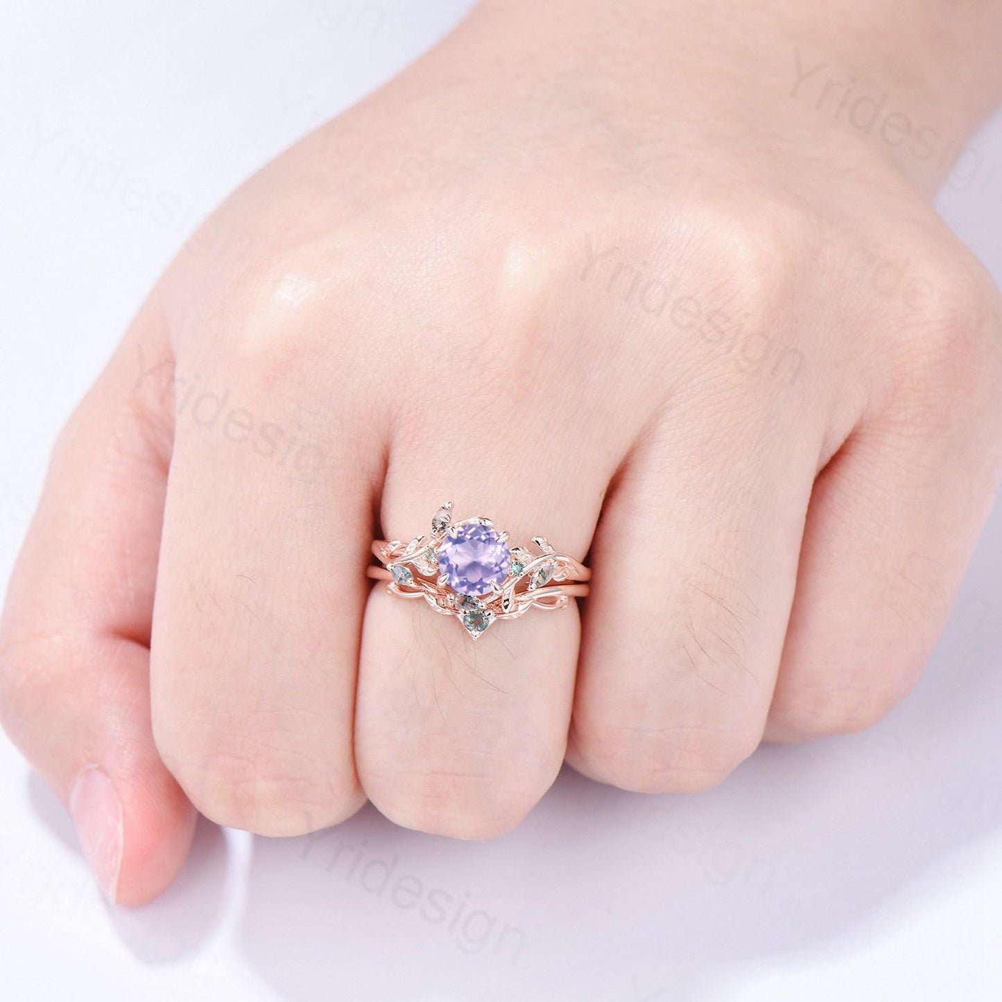 Elegant Natural Lavender Amethyst Engagement Ring Set Unique Nature Inspired Green Moss Agate Wedding Ring Set Rose Gold Stacking Band Women