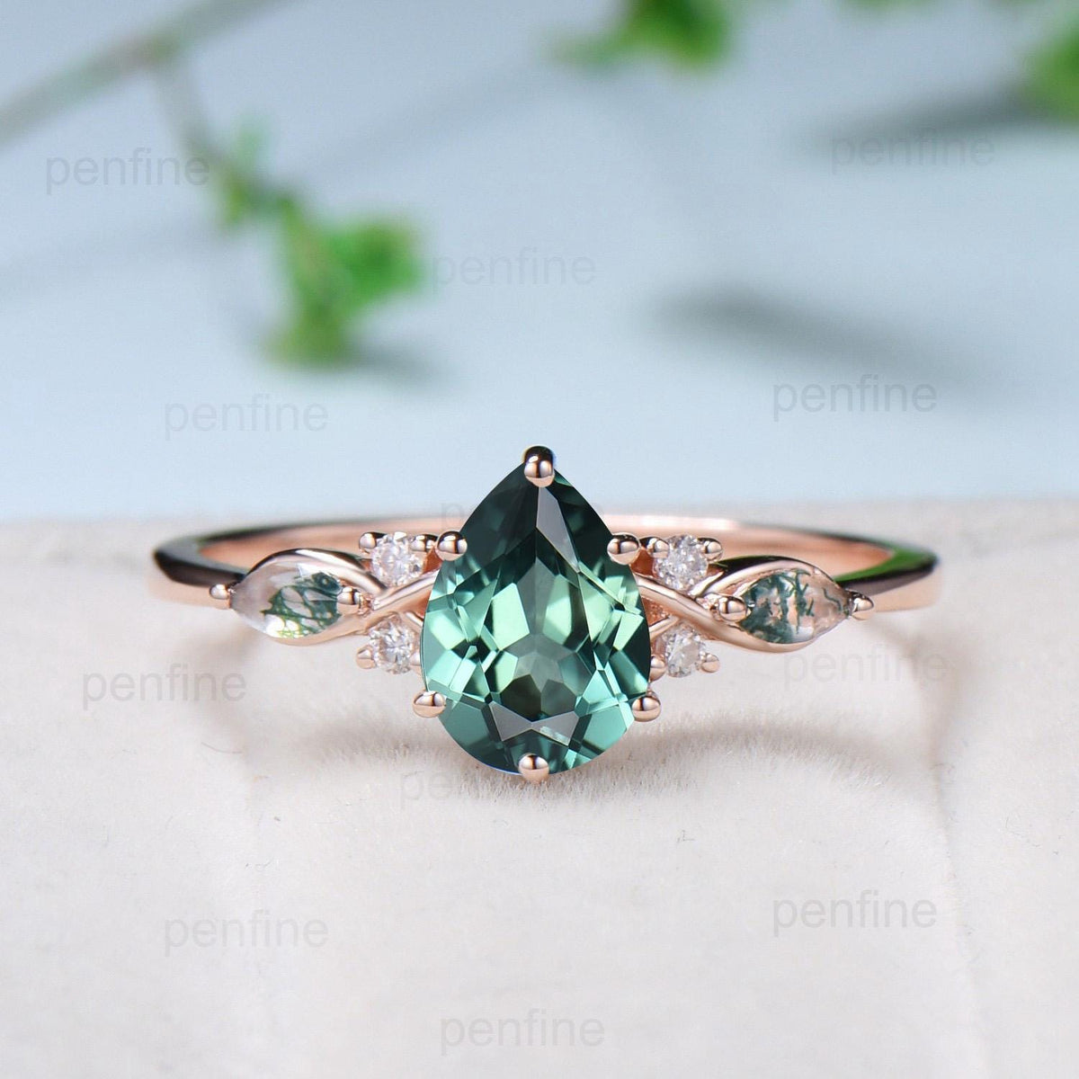 Vintage Pear Shaped Green Teal Sapphire Engagement Ring Set Unique 14k Rose Gold Vine Moss Agate Bridal Set Anniversary Promise Ring Gift