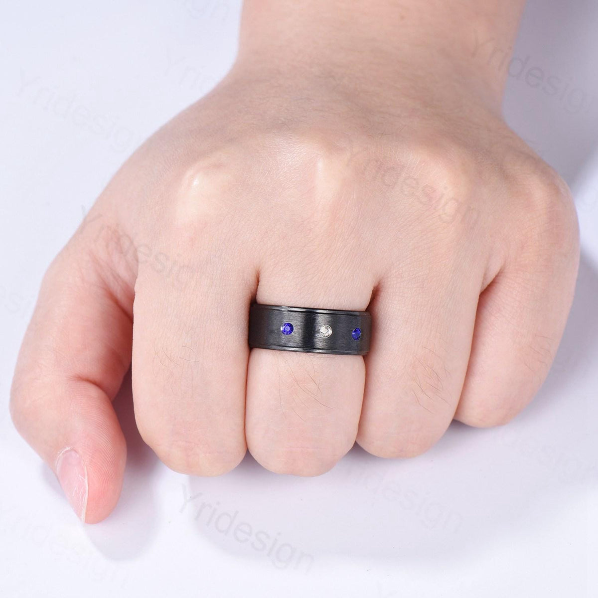 7mm Black Gold Brushed Finish Mens Wedding Band Three Stone Sapphire Men's Wedding Ring Moissanite Stacking Matching Band Retro Vintage Gift