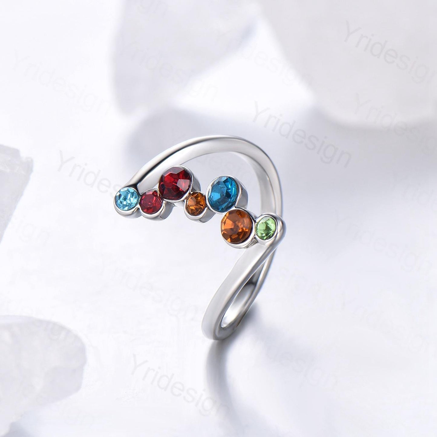 Unique multi-stone blue wedding engagement ring, Garnet/Citrine/ Swiss topaz/Emerald stacking wedding band ring, Anniversary Promise Gift