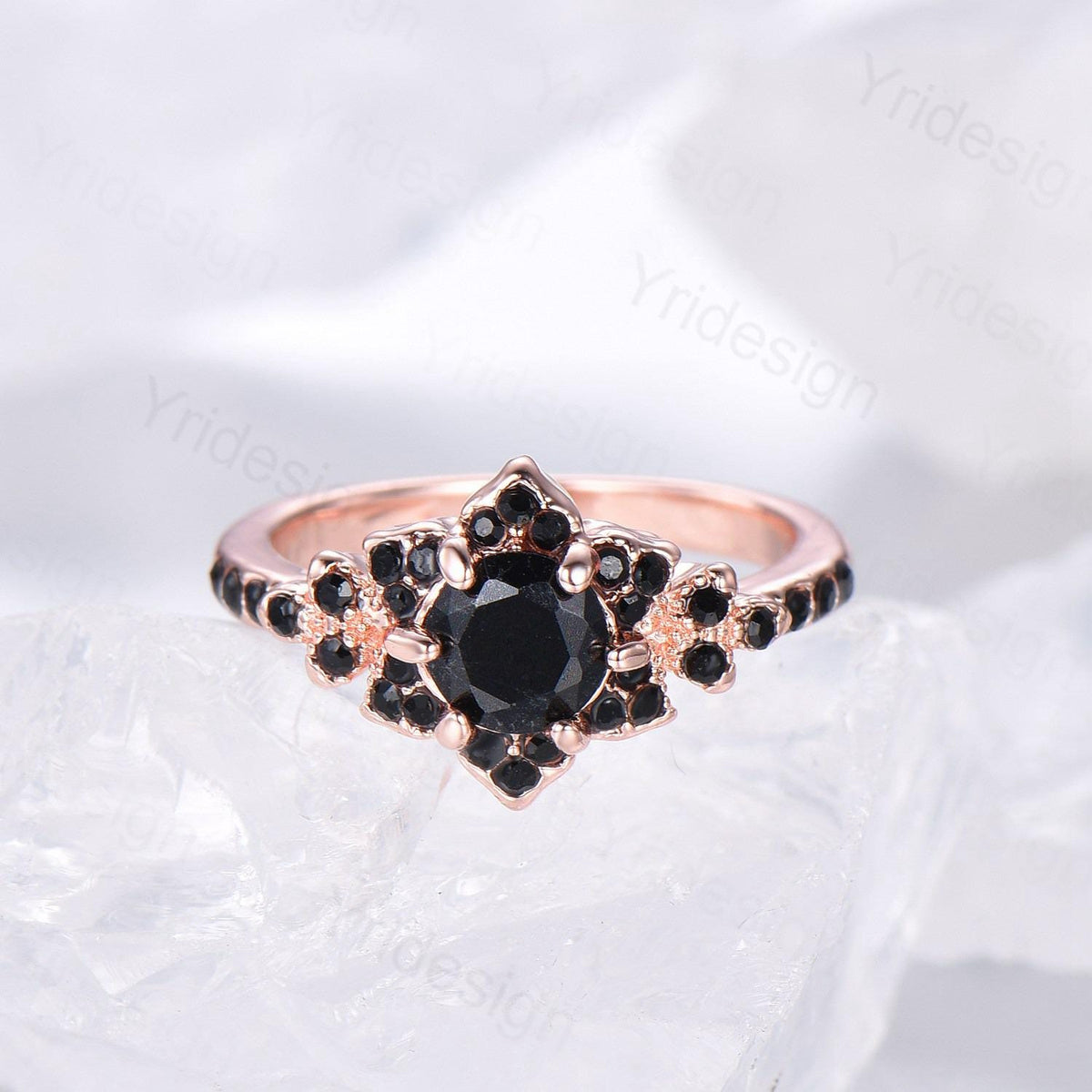 Floral Lotus Black Onyx Engagement Ring Set 3pcs Cluster Black Spinel Wedding Ring Set Unique Black Stone Anniversary Gift Women Bridal Set