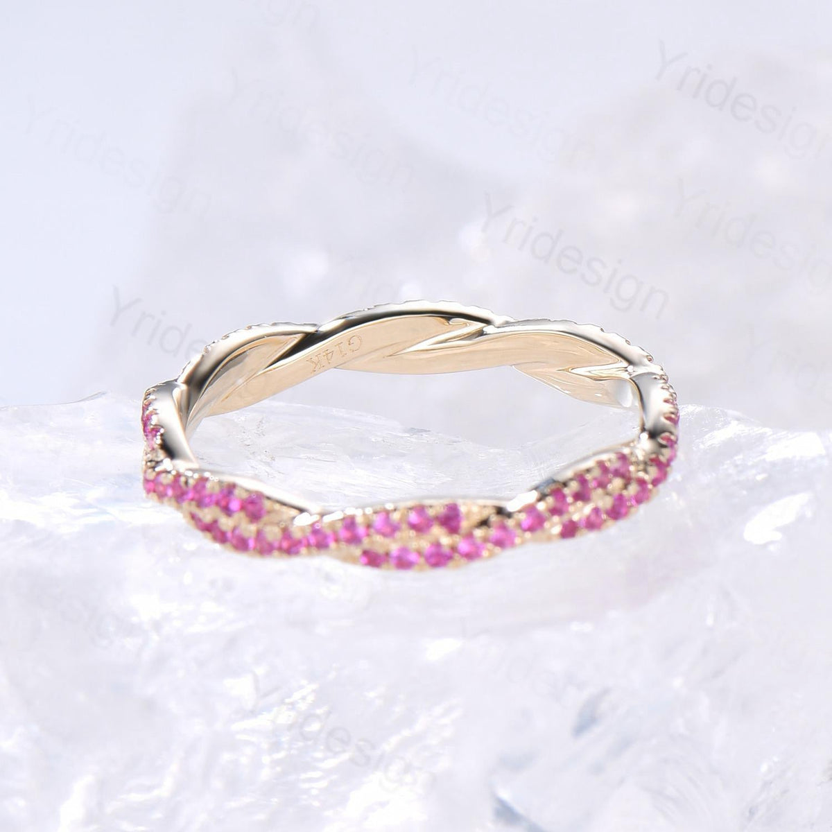 Solid 14k yellow gold ruby wedding band, twisted shape full eternity ruby wedding ring, retro stackable band engagement anniversary gift