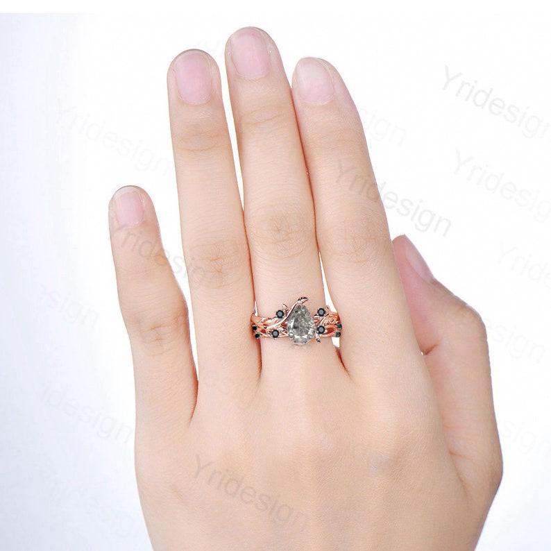 Nature inspired salt pepper diamond engagement ring vintage pear shaped twig vine pepper diamond bridal set unique leaf vine ring for women