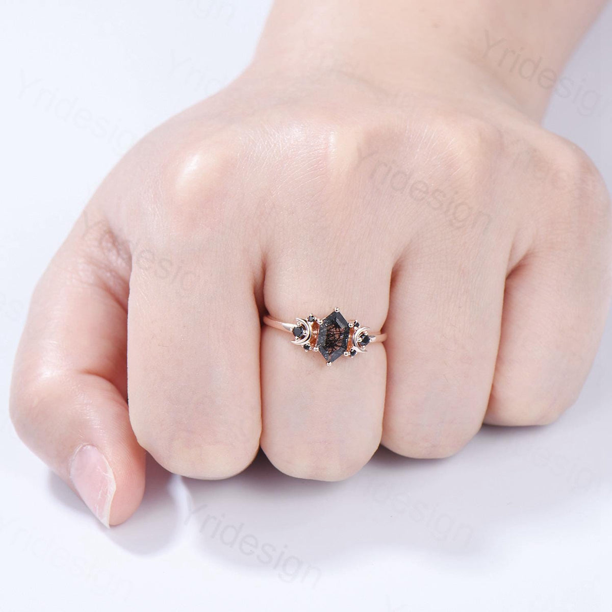 Moon style engagement ring, Long hexagon cut black rutilated quartz ring rose gold cluster black spinel wedding ring, women anniversary gift