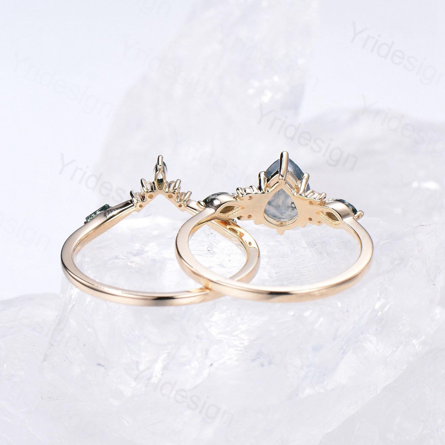 Solid 14K Yellow Gold Pear Shaped Natural Moss Agate Engagement Ring Set Unique Green Agate Agate Vine Art Deco Wedding Ring Set for Women