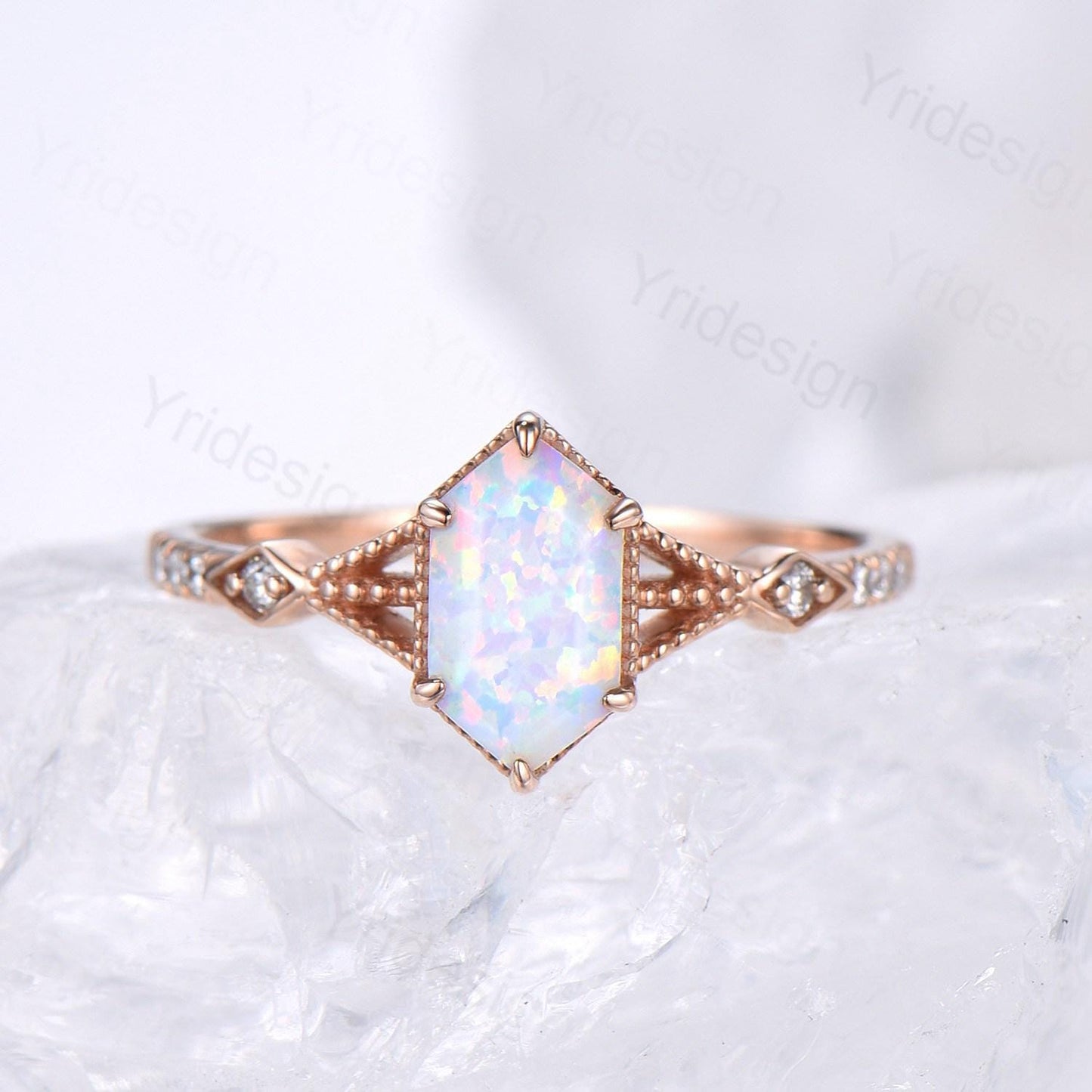 Vintage Long Hexagon White Opal Ring Set, Rose Gold Engagement Ring Set, Art Deco Blue Sapphire Stacking Band, Oval Cut Fire Opal Bridal Set