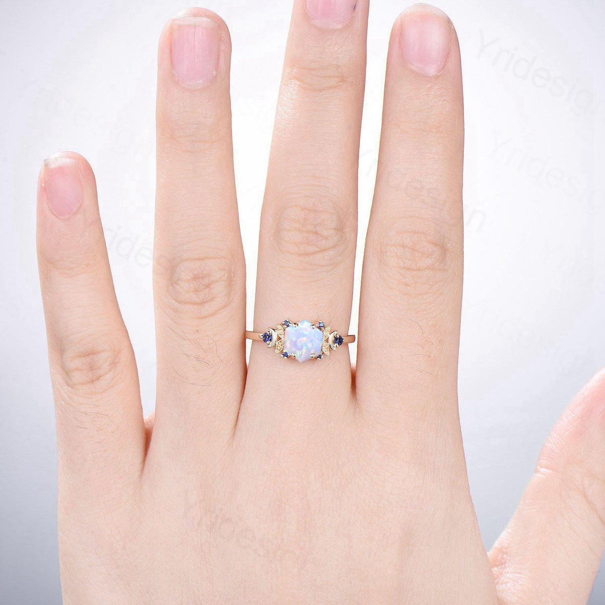 Vintage Moon opal engagement ring unique hexagon cut white opal milgrain wedding ring rose gold cluster sapphire ring handmade proposal gift