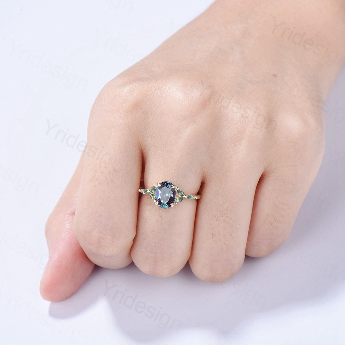1.5CT Oval Cut Alexandrite Engagement Ring Art Deco Marquise Green Moss Agate Ring Yellow Gold Women Promise Anniversary Gift Bridal Ring
