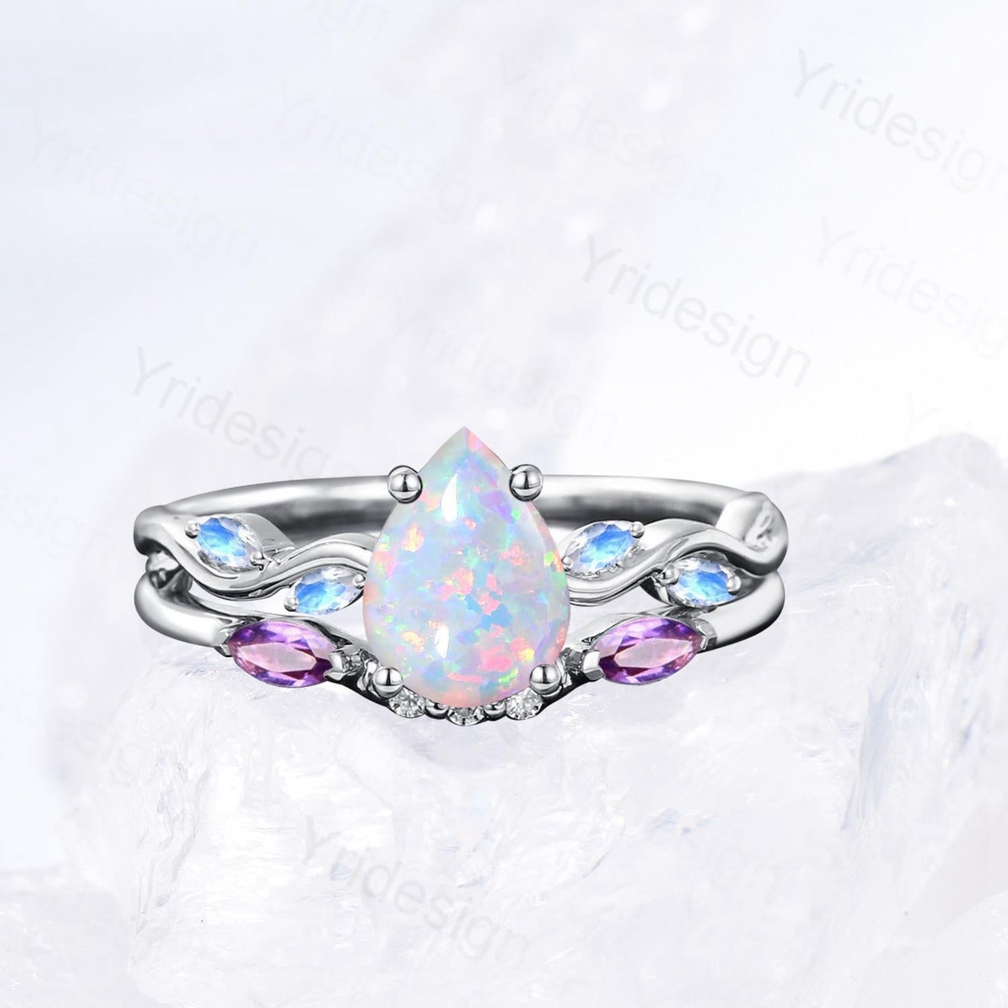 Vintage Pear Shaped White Opal Engagement Ring Set Unique Marquise Moonstone Opal Wedding Ring Set Rose Gold Amethyst Stacking Band Women