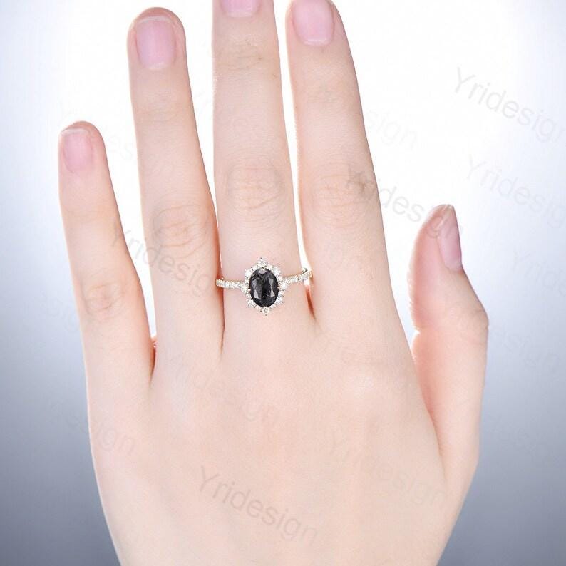 Vintage salt and pepper diamond engagement ring 14k rose gold Retro halo diamond pave set band antique promise ring anniversary gift for Her