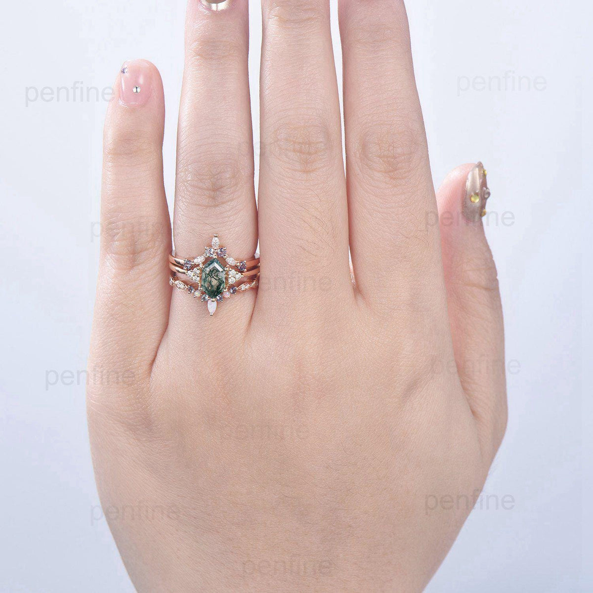 Vintage Long Hexagon Natural Green Moss Agate Engagement Ring Set Unique 14k Rose Gold Cluster Moissanite Wedding Ring Set Ring for Women