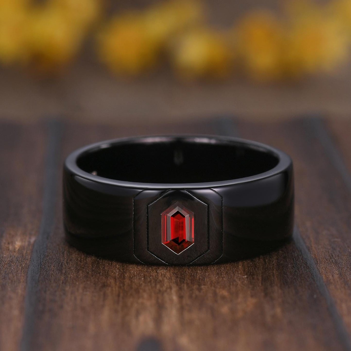 Gothic Couples Red Garnet Engagement Ring Set: Black Gold Leaf Band