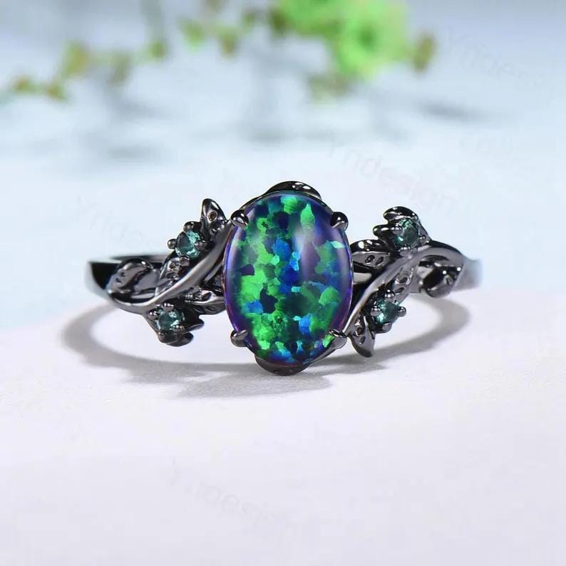 Couples ring set black gold fire opal wedding ring set emerald bridal ring men and women His Hers engagement ring promise anniversary gift
