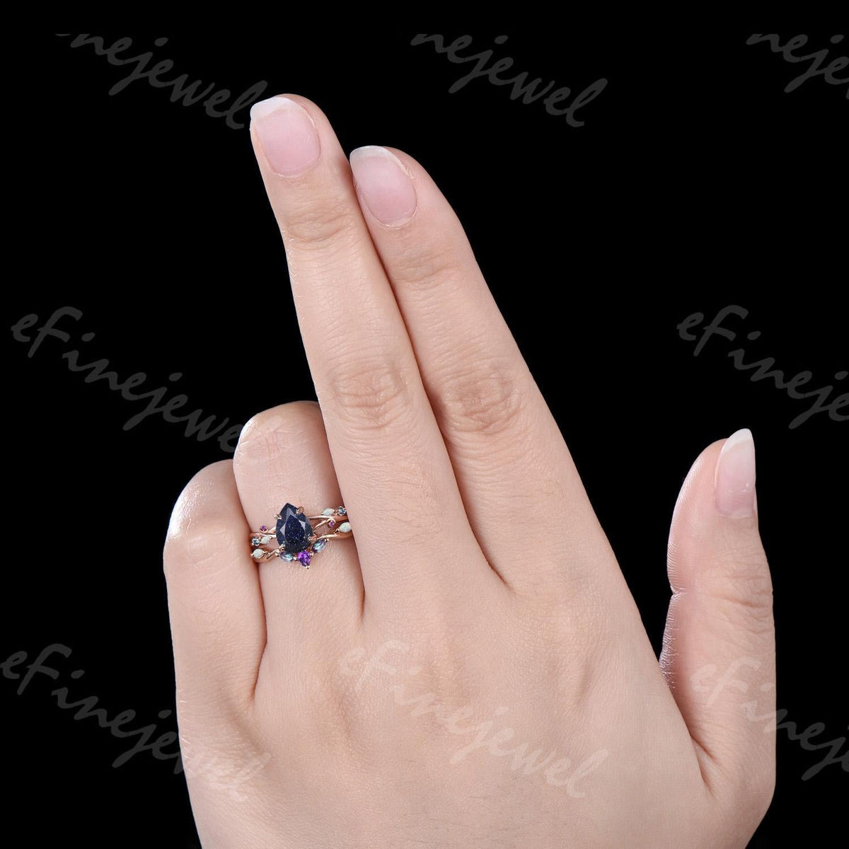Pear Blue Sandstone Engagement Ring Set, Amethyst Opal Cluster, Gold Moon Wedding