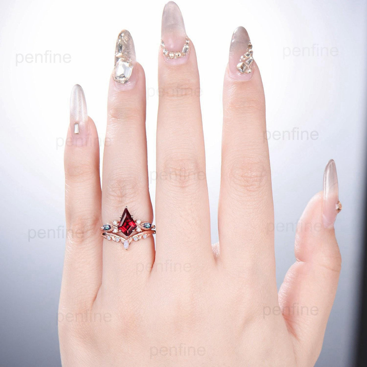 Kite Cut Ruby Ring Set, Marquise Alexandrite, Opal Stacking Band