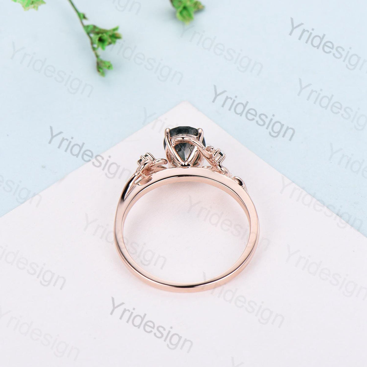1.5Ct Oval Natural Moss Agate Engagement Ring Nature Inspired Green Agate Promise Ring Cluster Emerald Anniversary Ring Silver Rose Gold