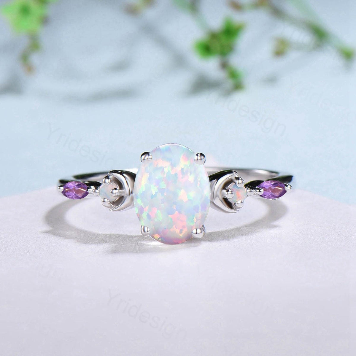 Vintage Oval Opal Engagement Ring Set Unique Marquise Amethyst Moon Fire Opal Wedding Ring 925 Sterling Silver 2pcs Bridal Ring Set Women