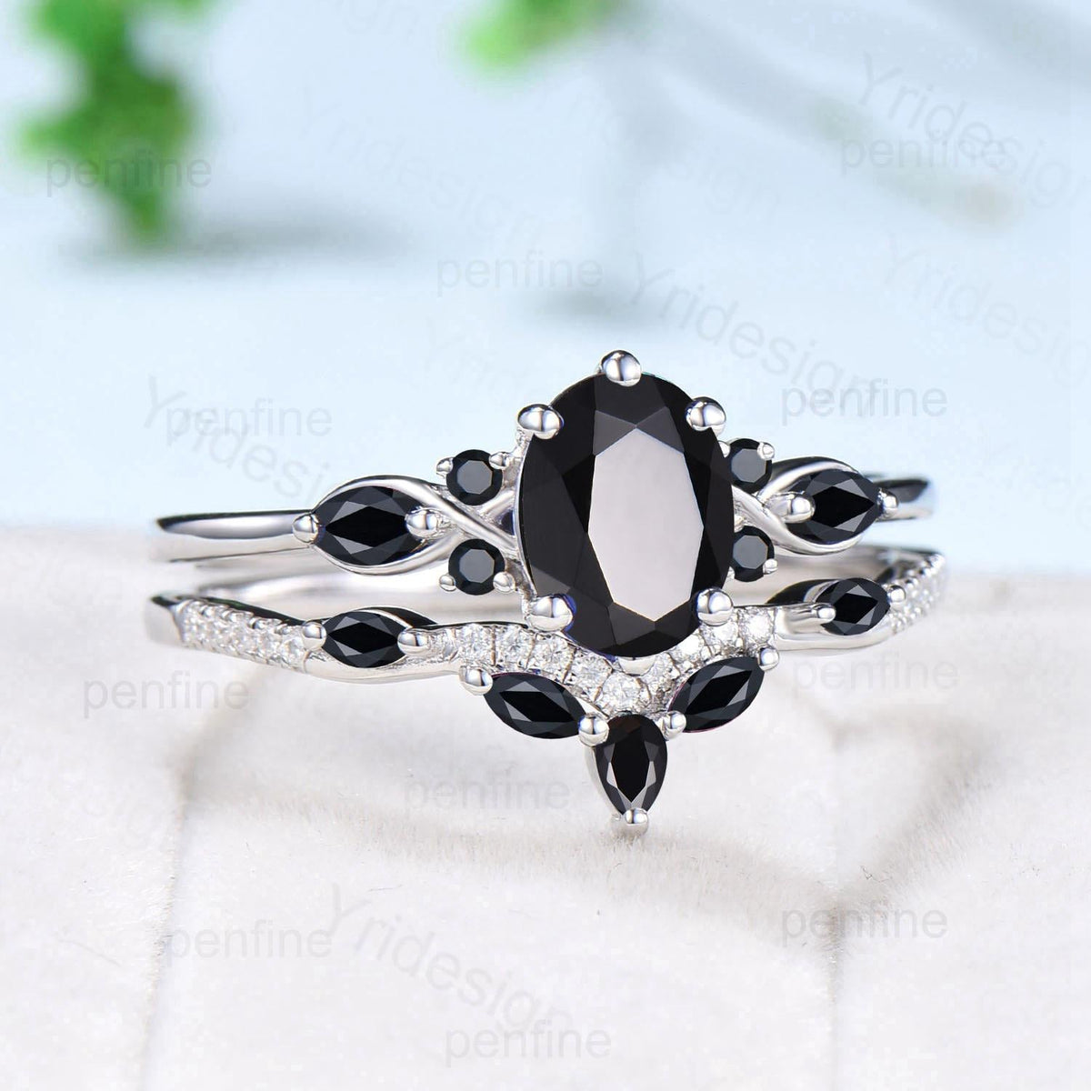 Vintage oval black moissanite engagement ring 14k white gold twisted unique black onyx wedding ring set art deco anniversary gift bridal set