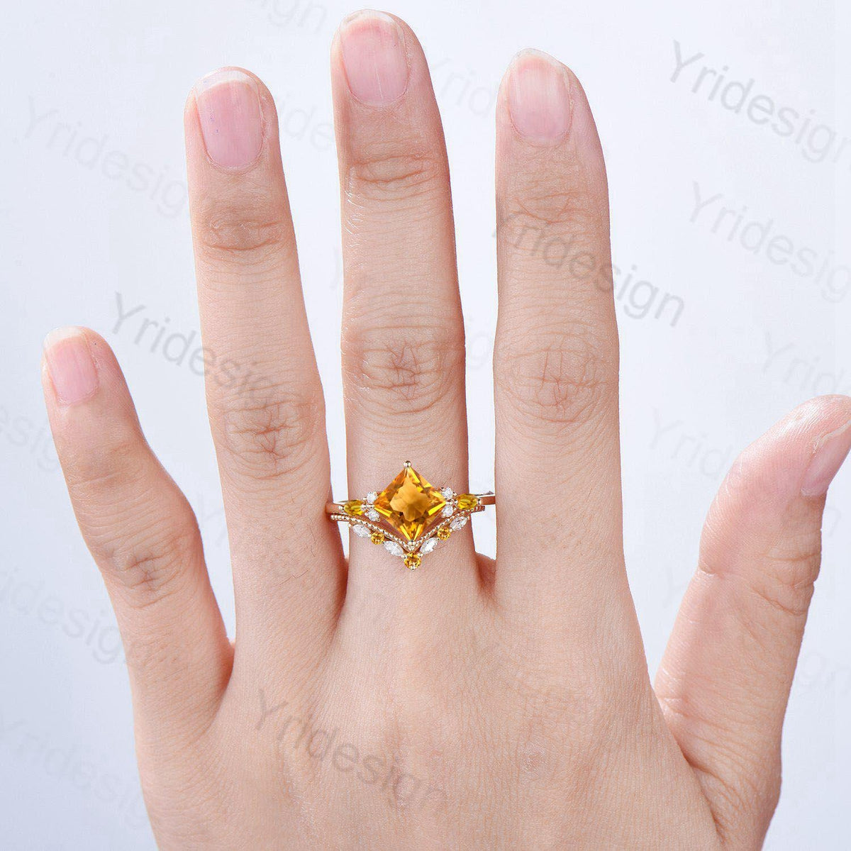 Unique Princess Cut Citrine Engagement Ring Set Vintage 14k Yellow Gold Sterling Silver November Birthstone Ring Art Deco Bridal Ring Set
