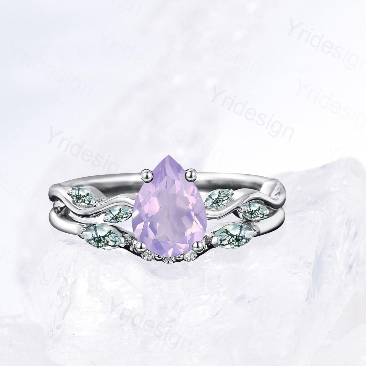 Natural Pear Shaped Lavender Amethyst Engagement Ring Set Unique Marquise Green Moss Agate Wedding Ring Set Rose Gold Stacking Band Women