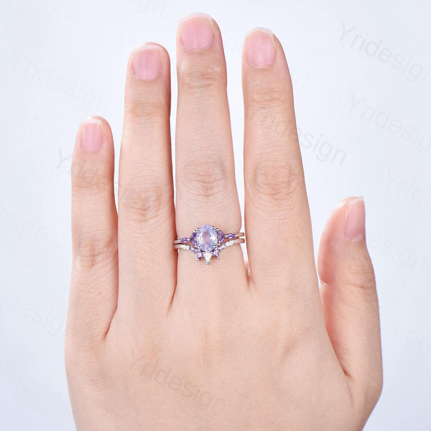 Vintage Oval natural Lavender Amethyst Engagement Ring Set Unique Seven Stone Marquise Amethyst Wedding Bridal Set February Birthstone Gift