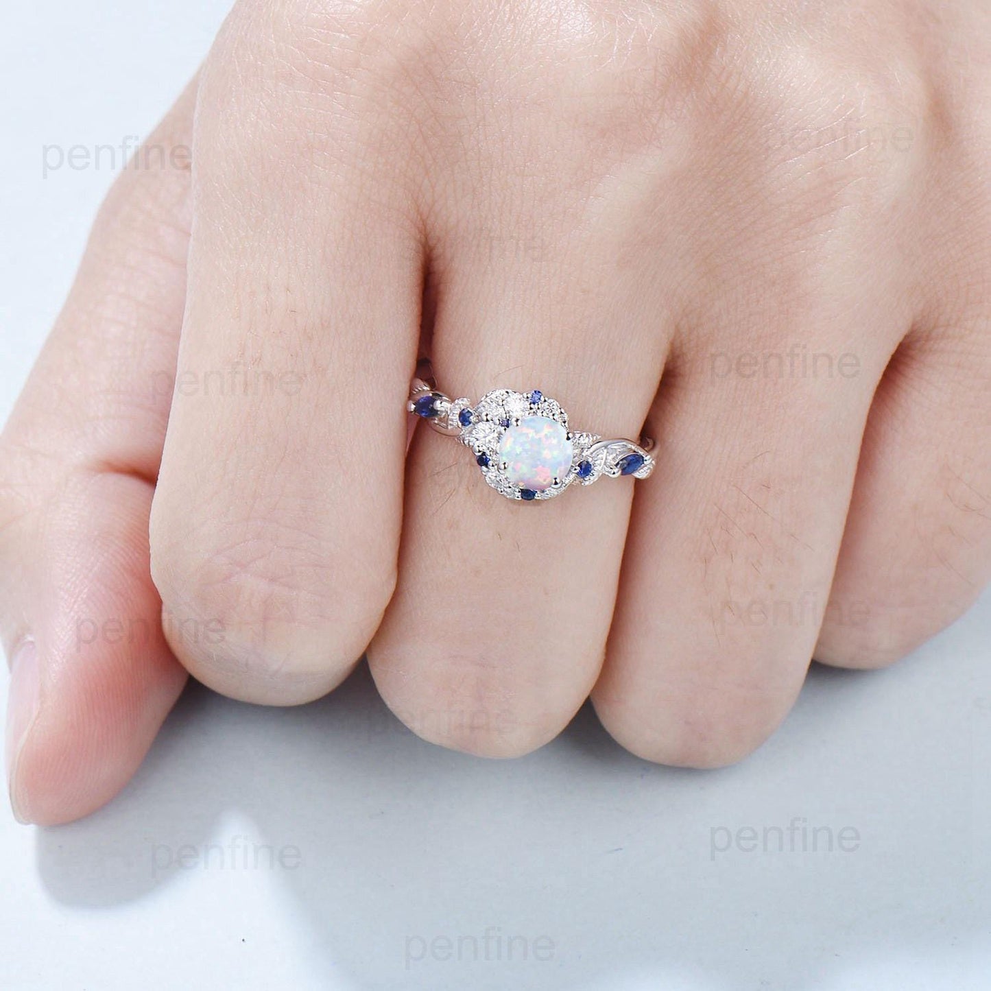 5mm Round White Opal Sapphire Engagement Ring Moon Style Cluster Moissanite Wedding Ring Women Nature Inspired Band October Birthstone Gift