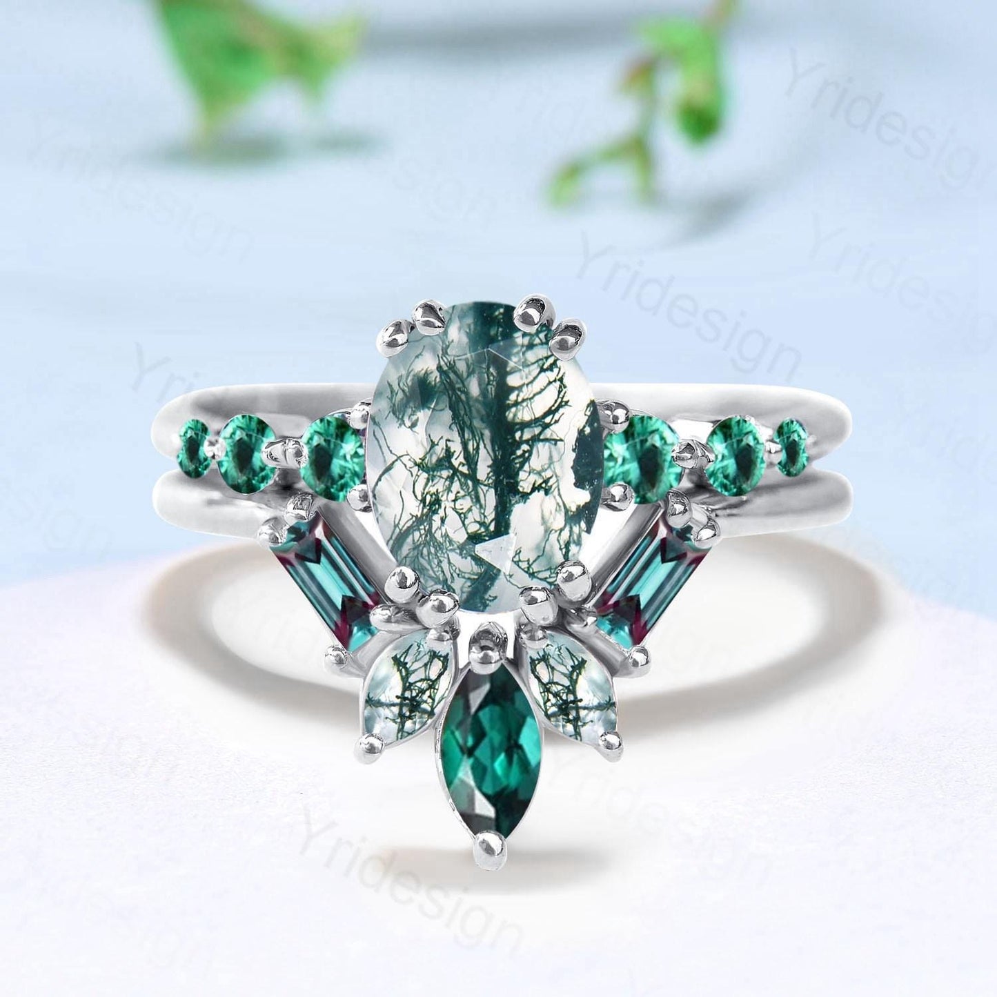 1.5CT Natural Oval Green Moss Agate Engagement Ring Set Unique Seven Stone Alexandrite Emerald Bridal Set Unique Anniversary Ring For Women
