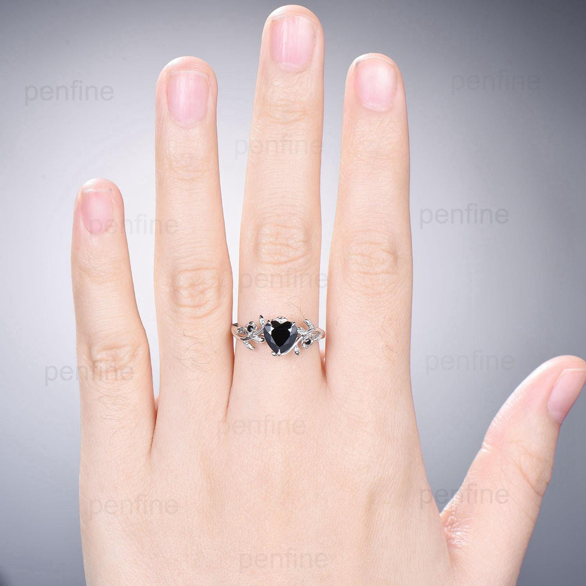 Leaf Twig Heart Shaped Black Moissanite Ring Floral Nature Inspired Engagement Ring Unique Branch Wedding Anniversary Ring Gifts for Women