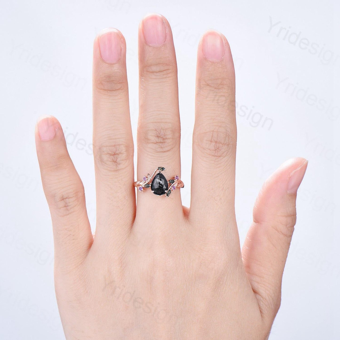 Natural inspired Flower Salt And Pepper Diamond Ring Twig Vine Pear Shaped Engagement Ring Leaf Amethyst marquise moss agate Wedding Ring