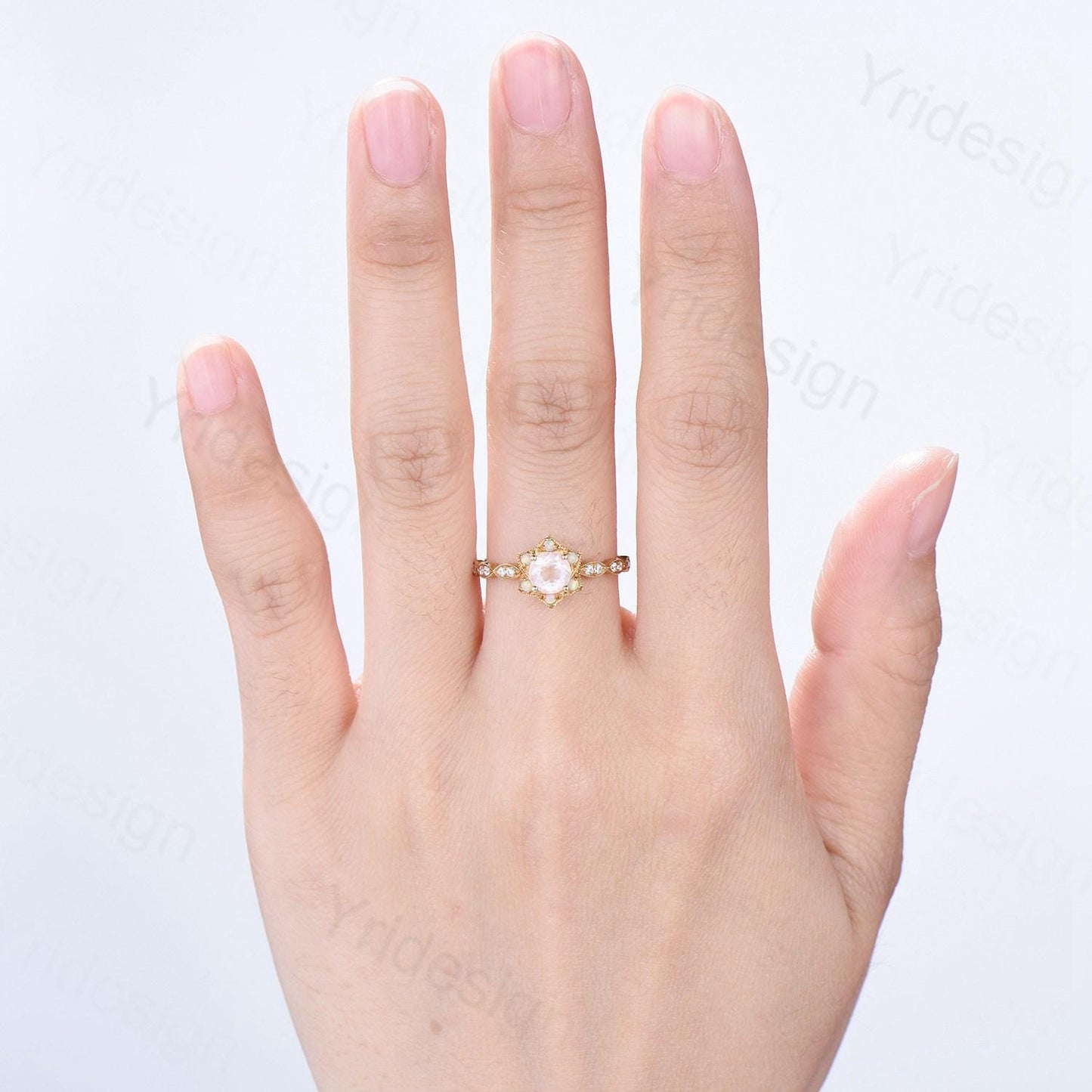 Floral Natural Rose Quartz Ring Vintage Sunflower Halo Opal Pink Crystal Engagement Ring Art Deco MIlgrain Wedding Band Anniversary Gift