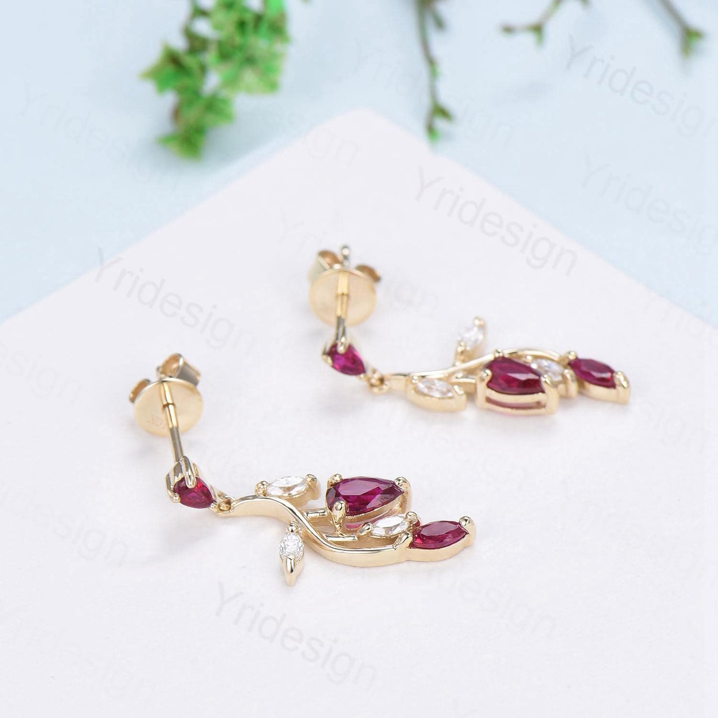 Elegant Ruby Earrings Nature Inspired Red Ruby Stud Earrings July birthstone Earrings Solid 14K Yellow Gold Vintage Leaves Earrings Women