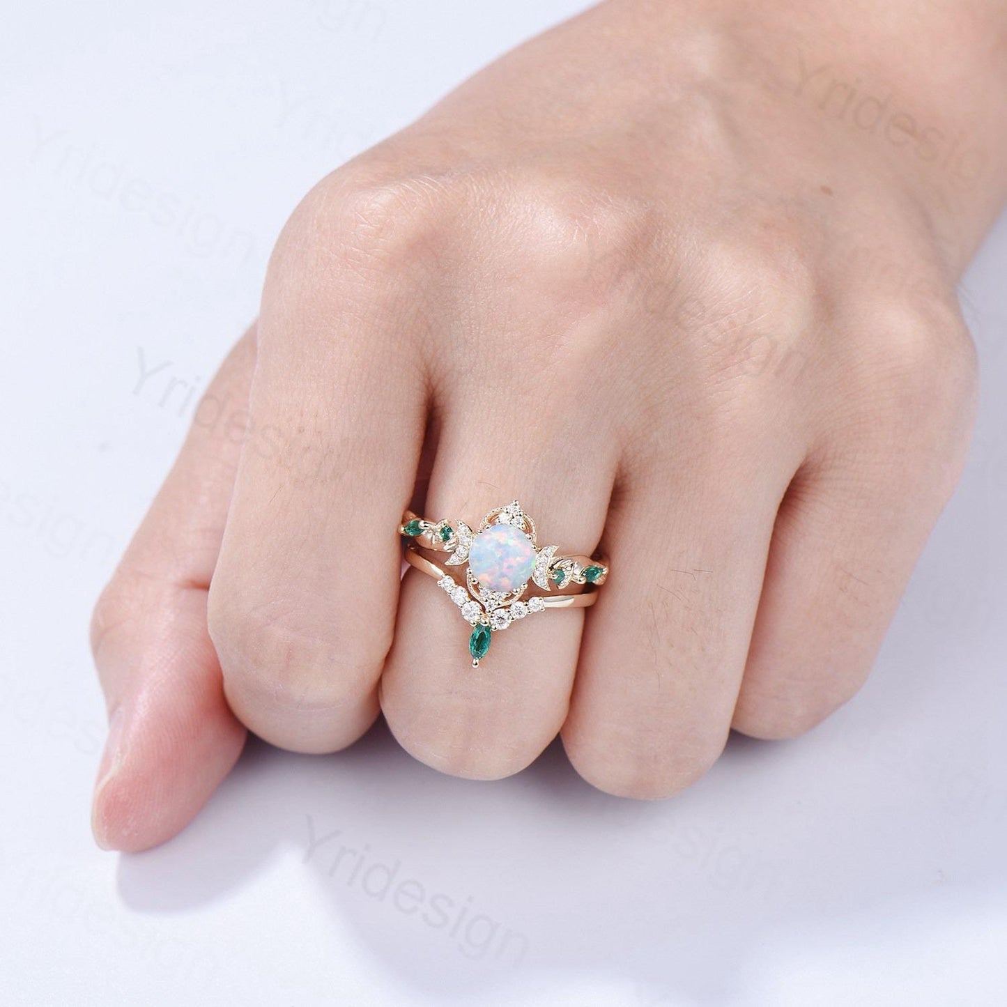 2pcs Vintage Round White Opal Engagement Ring Leaf Moon Cluster Amethyst Bridal Set Art Deco Nature Inspired October Birthstone Promise Ring