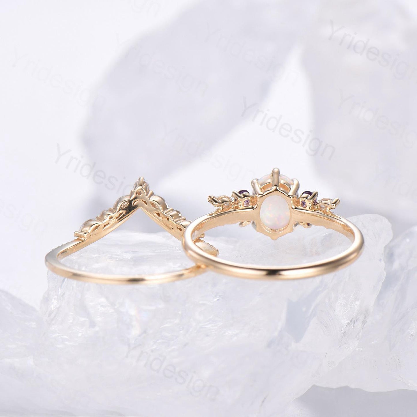 Unique White Opal Engagement Ring Set Alternative Cluster Amethyst Fire Opal Wedding Ring Vintage Bee Opal Amethyst Bridal Set For Women