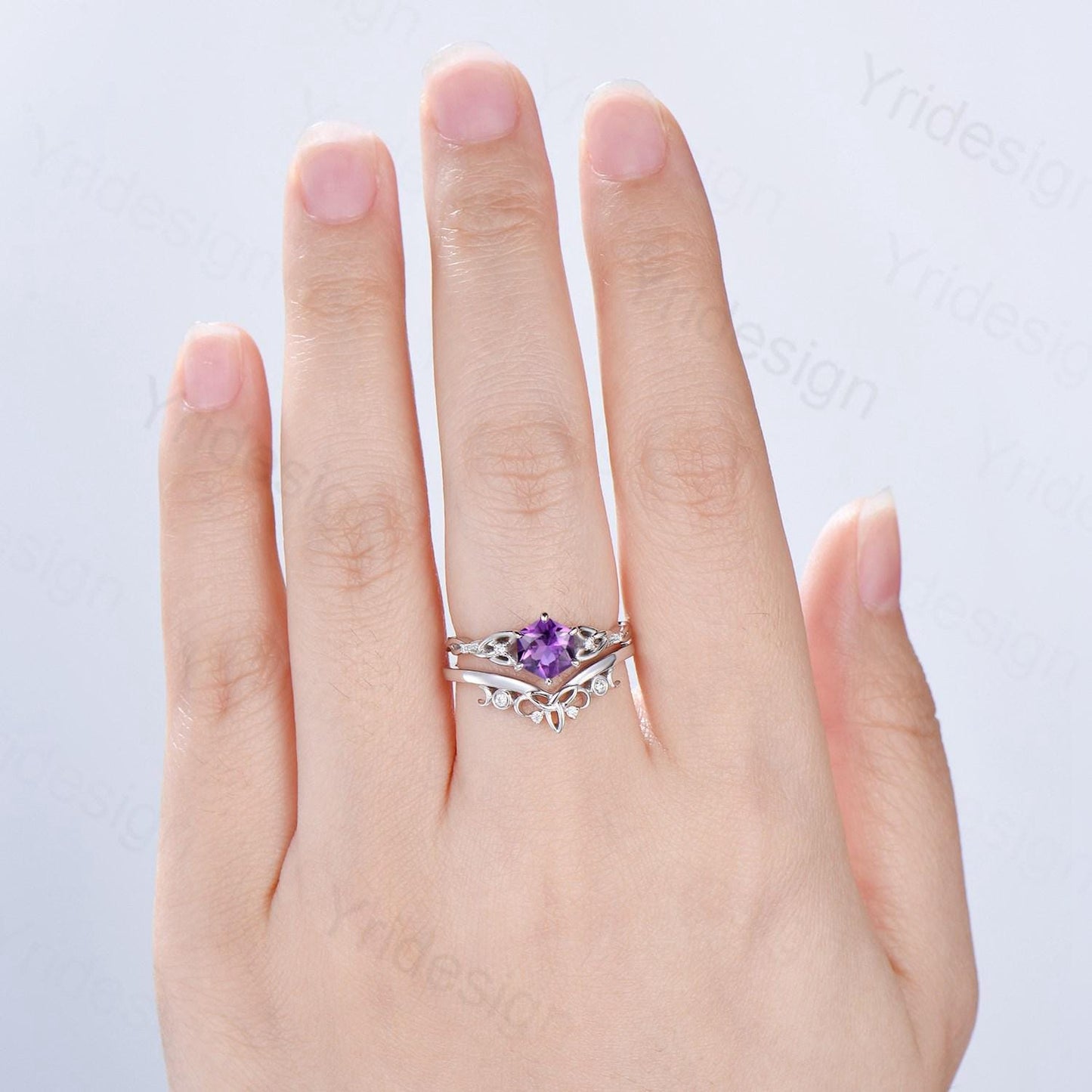 Norse Viking Royal Cut Amethyst Ring Set Celtic Love Hexagon Cut Amethyst Engagement Ring Vintage February Birthstone Wedding Ring For Women